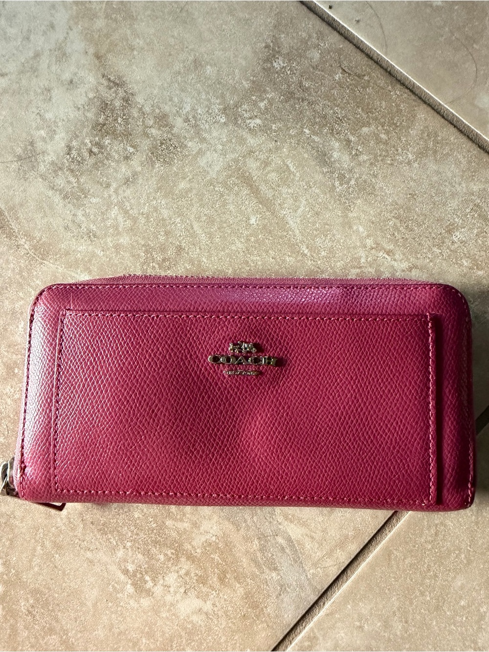 Coach Magenta Saffiano Zip Wallet with Gold Logo